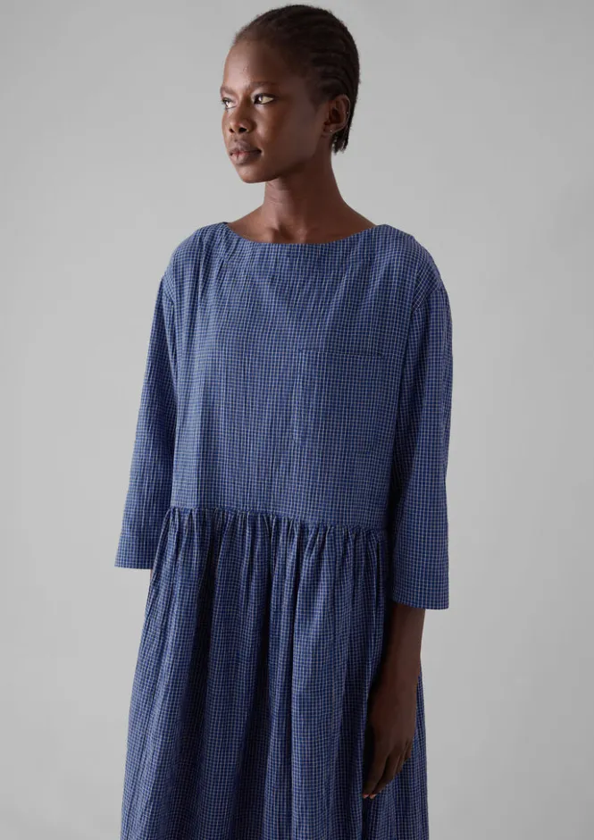 Loungewear|Dresses-TOAST Check Crinkle Cotton Boat Neck Dress Cobalt