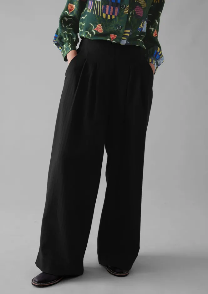 Trousers-TOAST Corinne Wool Cotton Herringbone Wide Leg Trousers Black
