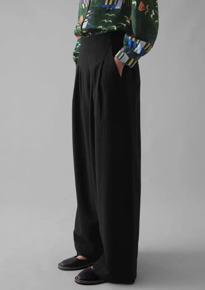 Trousers-TOAST Corinne Wool Cotton Herringbone Wide Leg Trousers Black