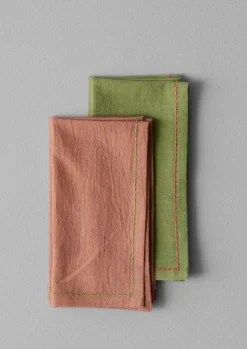 Textiles|Tableware-TOAST Embroidered Cotton Linen Napkin Set Moss/Clay