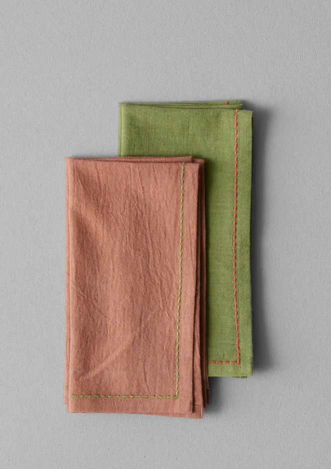 Textiles|Tableware-TOAST Embroidered Cotton Linen Napkin Set Moss/Clay