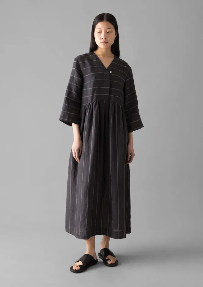 Linen|Loungewear-TOAST Fine Stripe Linen V-Neck Dress Onyx