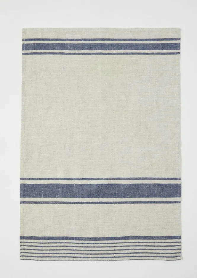 Aprons & Tea Towels-TOAST Irregular Stripe Linen Tea Towel Natural/Blue