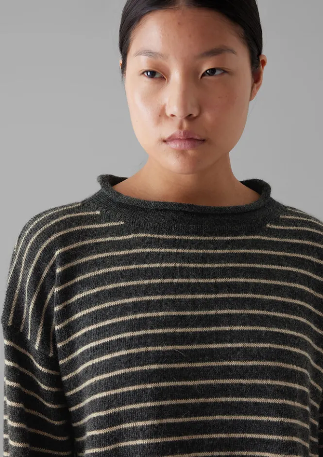 Loungewear|Tops & Tees-TOAST Stripe Alpaca Wool Sweater Charcoal/Oatmeal